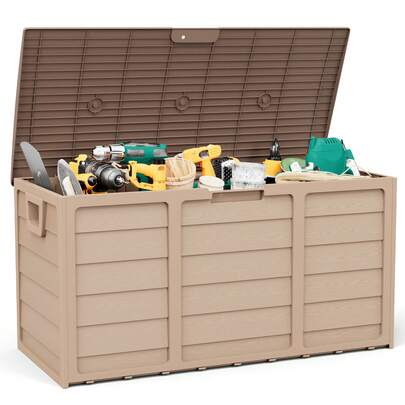 Caja de almacenamiento para exteriores de 75 galones, caja de cubierta de resina marrón, contenedor de almacenamiento a prueba de agua para uso en exteriores e interiores para patio, jardín, herramientas de piscina