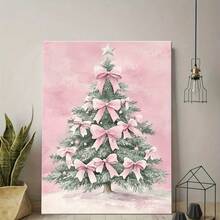 Un cuadro con marco de madera que representa un árbol de Navidad adornado con lazos rosas, adecuado como arte decorativo para la sala de estar, el dormitorio y