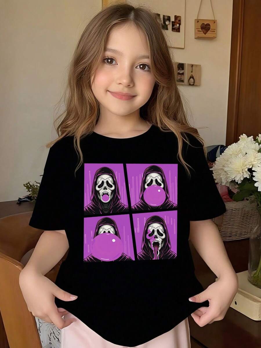 Young Girl's Halloween Purple Ghostface Retro Graphic T-Shirt, Halloween Kids T-Shirt / Cute Ghost Print / Trick Or Treat Tee,Black Cute Hip-Pop Shirts With Pink Telephone, Girls/Boys Fall Clothes, Suitable For Halloween Party Shirts & Daily Outdoor, Fashion, Vintage, Funny. Kids Clothes Girl' S Suit For Teen Girls/Tween Girls/Young Girls/Toddler Girls' Halloween Shirt - 黑3 - 查看 1