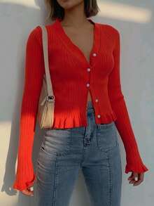 Elegante y de moda Cárdigan de punto a cuadros con escote en V para mujer en otoño-invierno - Mangas largas, longitud corta, bordes con volantes, cierre con botones delanteros. Adecuado para Acción de Gracias, Navidad, Año Nuevo y otras ocasiones.