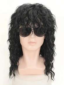 1 件 70 年代 80 年代摇滚朋克男士假发，耐热长卷发，透气网帽，适合主题派对、音乐节、万圣节和角色扮演（黑色，复古摇滚明星合成头发）长波浪黑色摇滚风格假发 - 高温纤维，水波卷曲 - 彩色 - 查看 9