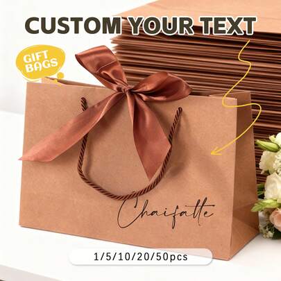 1-50pcs Custom Gift Bag, Khaki Custom Name Bridesmaid Gift Box, Ideals For Bridal Party, Birthday, Wedding, Engagement, Anniversaries, Graduation, Bridesmaid Gift Bag, Ribbon Tie Gift Bag, Employee Gift Bag, Christmas Gift Bag, Suitable For Bridesmaid Gifts, Wedding Party, Gifts For Her, Gift For Him