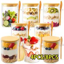 8-Pieces Overnight Oats Jar Set, Glass Food Containers, Includes Lid And Spoon, Bamboo Lid With Sealing Lid And Spoon,Chia Seed Pudding Salad Glass Jar,Ideal For Storing Spices, Salt, Sugar, Oatmeal, Coffee Powder, Bread Starter, Snacks, Yogurt, And More. - 玻璃罐+蓋+勺 - 查看 1