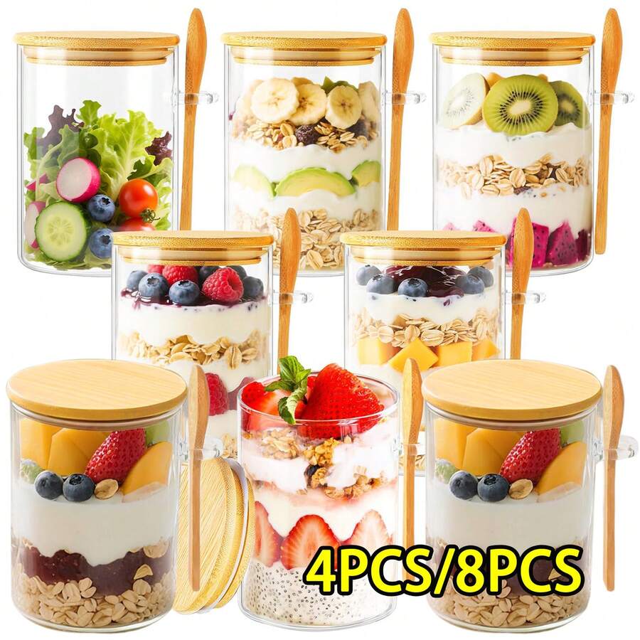 8-Pieces Overnight Oats Jar Set, Glass Food Containers, Includes Lid And Spoon, Bamboo Lid With Sealing Lid And Spoon,Chia Seed Pudding Salad Glass Jar,Ideal For Storing Spices, Salt, Sugar, Oatmeal, Coffee Powder, Bread Starter, Snacks, Yogurt, And More. - 玻璃罐+蓋+勺 - 查看 1