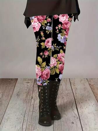 Women's Floral Print Leggings Sexy Skinny Fit Knit Fabric, All-Season Geometric Pattern High Waist Long Leggings