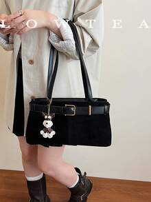 1 件 Low Tea 纯色绒面革单肩包，女士复古时尚方形单肩包，顶部双提手，拉链开合，适合旅行、购物、约会、女士礼物，非常适合通勤、户外、旅行、徒步旅行 - 黑色 - 查看 6