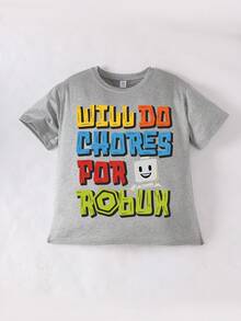 Tween Boy Casual Minimalist Colorful Letter Slogan & Robot Print Round Neck Short Sleeve T-Shirt, Spring/Summer New