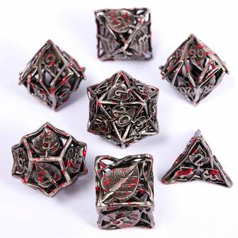 7 件银色和红色叶子金属骰子套装，实心多面骰子适用于角色扮演 RPG 桌面棋盘游戏