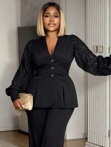 Women's Plus Size Stylish Black Peplum Coat V Neck Bishop Sleeve Jacquard Ruffle Detail Knitted Fabric Long Sleeve Button Closure Button Blazer