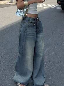 Teens' Fashionable Straight Loose Wide-Leg Casual Jeans, Suitable For All Seasons