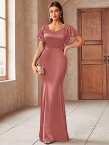 MIUSOL Elegant Sequin Lace Sweetheart Neck Ruffle Sleeve Satin Mermaid Hem Formal Party Maxi Fitted Dress Wedding Spring - Dusty Pink - View 5