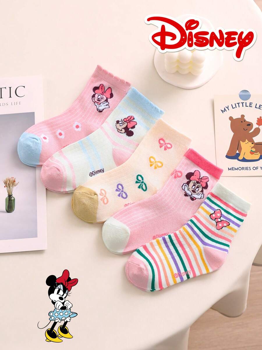 Disney 5/1雙 迪士尼米妮系列圖案糖果色荷葉邊禮物兒童中筒襪,整體可愛風格,適合甜美風格,可愛卡通獨特迪士尼圖案,時尚休閒秋冬舒適透氣學生襪,適合日常穿著、開學、節日禮物 - 白色 - 查看 1