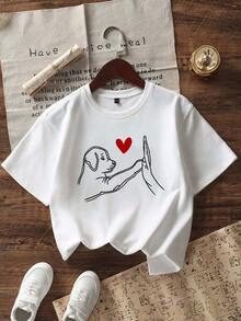Tween Girl High Five Puppy Print Round Neck Short Sleeve T-Shirt, Summer Top - White - View 3