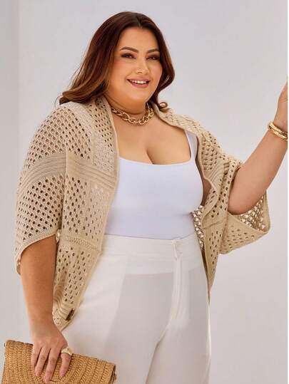 Cardigan Bege Plus Size Capa Leve Feminino Tricot Calor Ponto Crochet Casaco Verão