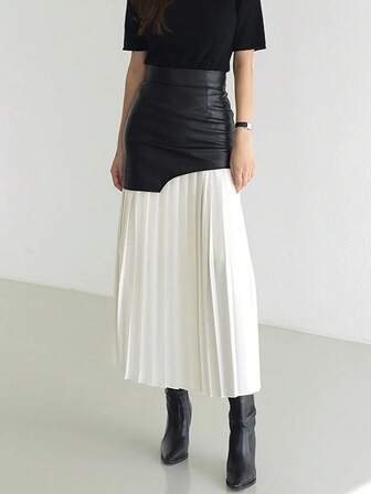 Saia Plissada de PU Elegante para Mulheres, Saia de Inverno para Mulheres