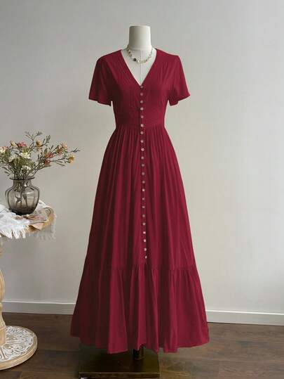 Rusttydustty V领蕾丝短袖连衣裙，适合休闲度假、波西米亚海滩风、音乐节和热带度假，尽显夏日优雅气质。