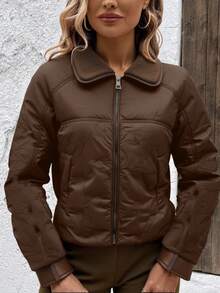 Chaqueta mujer estilo casual diseño acolchado cuello de borrega corte holgado manga larga otoño invierno uso diario chaqueta - Café integral - Ver 2