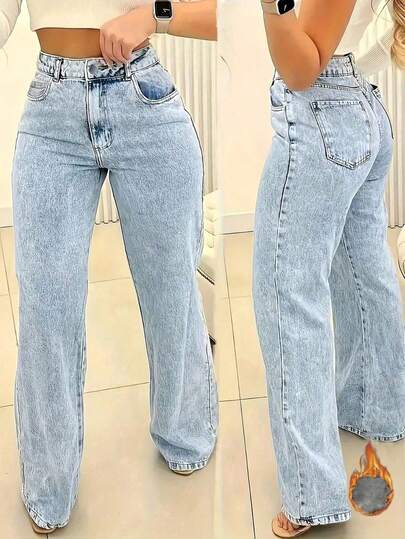 Women's Autumn Loose Straight Leg Jeans With Pockets, Casual & Versatile, Thermal Lined