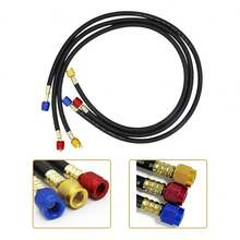 Juego de 3 Mangueras de Presión para Manómetros de Aire Acondicionado, Conexiones de 1/4 SAE con Código de Colores (Azul/Amarillo/Rojo), 1 Metro de Largo, Alta Presión 800 PSI, para Servicio y Carga de Sistemas de Refrigeración R22 R134a, para Técnicos de HVAC - Negro - Ver 4