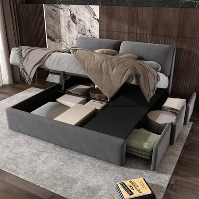 Upholstered Bed, 160 X 200 Cm, Hydraulic Bed, Three Drawers, Storage Box, Slatted Frame With Headboard, Without Mattress, Velvet, Grey
