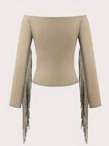 Women's Western Cowgirl Off-Shoulder Fringe Top, Sexy Slim Fitted Long Sleeve Tassel Blouse - 卡其色 - 查看 2