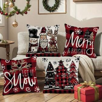 TOPSSCTR Set aus 4 Weihnachts-Kissenbezügen, Weihnachtsbäume Schneemann Weihnachtsmann Elch Büffel Karo Rot Fröhliche Weihnachten Winter Landhausstil Deko, Kissenhülle für Sofa Couch Dekoration