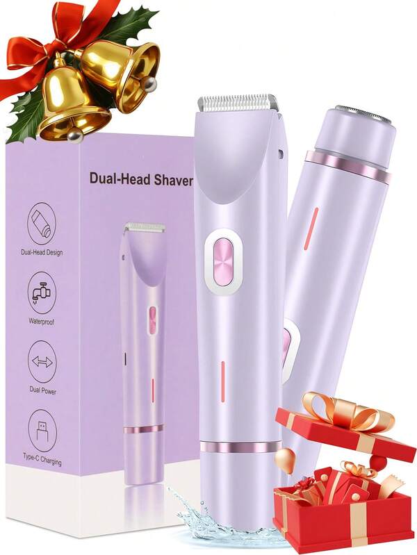 ماكينة حلاقة كهربائية مزدوجة الرأس لحلاقة البكيني والجسم للنساء، قابلة للشحن عبر USB، تصميم مقاوم للماء للاستخدام الجاف والرطب، رأس قابل للفصل، ملمس لطيف، مثالية لإزالة شعر البكيني والإبط والساق والجسم، أداة تشذيب الحواجب، لوازم السفر، أفضل هدايا عيد الميلاد للنساء، هدايا شخصية، ضروريات السفر