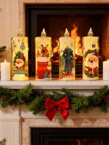 4 piezas de luces de vela electrónicas LED navideñas, luces nocturnas sin llama de Papá Noel, decoración de escena, mini farol de vela navideña con muñeco de nieve y Papá Noel, vela electrónica con patrón de cristal acrílico con batería, velas navideñas y silenciosas (batería incluida), adecuadas para decoración del hogar, luces de ambiente para fiestas de cumpleaños y vacaciones