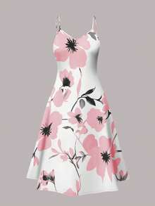 Plus Size Vintage Flower Print Slip Dress With Solid Color Cardigan Set, Elegant Style For Spring/Summer - Baby Pink - View 3