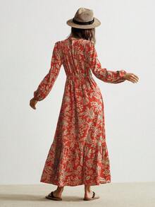 Rusttydustty Đầm dài tay màu nâu cổ chữ V ren khoét rỗng kiểu Bohemian, thích hợp cho đi biển, lễ hội âm nhạc, kỳ nghỉ nhiệt đới, thanh lịch. - Màu Cam cháy - Xem 3