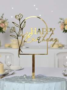 1pc/3pcs/5pcs Cake Decorative Picks, Birthday Cake Decor, Dessert Table Decor, Modern Floral Text Cake Toppers, Birthday Party Cake Decorations, Cake Picks, Baking Supplies, Baking Decor, Cake Accessories, Kitchen Essentials, Holiday Gifts - Gold - View 3