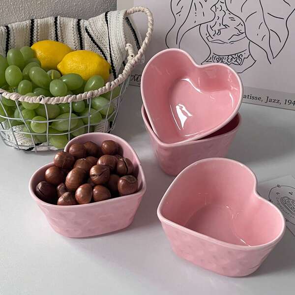 2/4pcs Pink Heart-Shaped Ceramic Bowls, Suitable For Kitchen, Spice Bowls, Steamer Bowls, Snack Bowls, Ramadan Supplies, Multi-Purpose