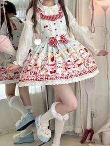 1件甜美可爱马卡龙蕾丝边蛋糕裙，小动物生日派对主题印花洛丽塔连衣裙，需搭配衬衫、内衬和衬裙。 - 彩色 - 查看 3