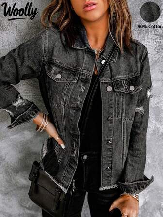 破洞下摆单排扣口袋设计休闲牛仔夹克