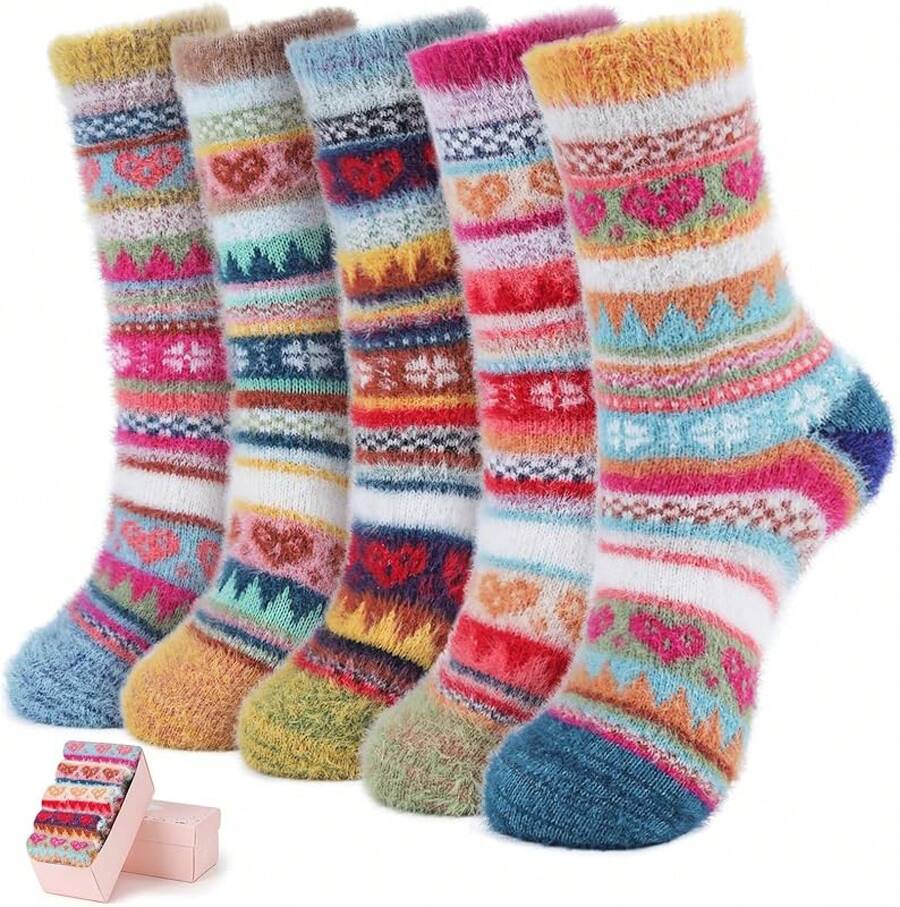SISOSOCK 5 Pairs Fuzzy Soft Cozy Fluffy Socks Women, Casual Thick Plush Comfy Sleep Socks, Warm Winter Gifts Women - 多色愛-1 - 查看 1