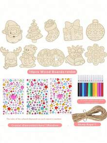 10 قطعة من شرائح الخشب المطلية باليد للزينة الكريسماسية DIY، تشمل 1 ملصق من الراين، 12 قلم ملون، لوح خشبي مقطع بالليزر كزينة شجرة ، قلادة للرسم للأطفال