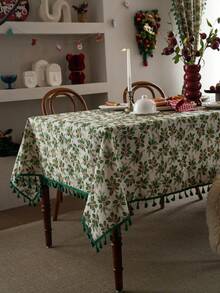 1 pieza Mantel de estilo vintage americano country con estampado de hojas de árbol de frutas, rectangular con flecos, adecuado para uso diario, festivales, reuniones familiares, fiestas de Navidad, decoración de mesa de comedor, decoración del hogar