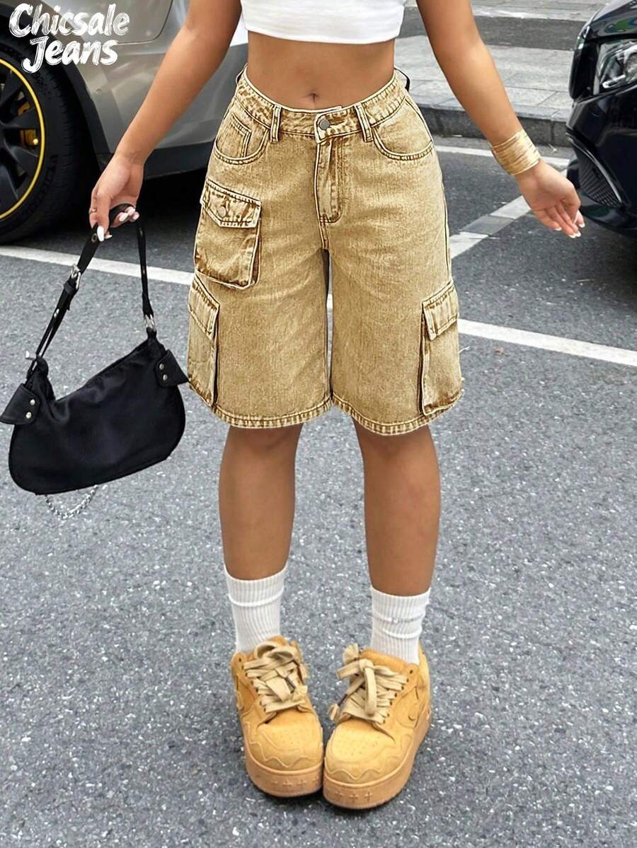 Shorts in denim lavato a vita alta, casual, a gamba larga, da donna