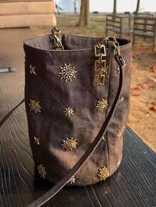 New Beaded Embroidered Snowflake Bucket Bag, Large Capacity Canvas Crossbody Bag, New Chinese Style Casual Shopping Tote, Versatile Handbag - Brown - View 6