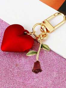 Street 1pc Creative & Fashionable Rose Faux Pearl Heart Shaped Keychain With Minimalist Resin Heart Keychain Pendant For Valentine'S Day Gift, Boyfriend Gift, Friend'S Birthday Gift Car Accessories Bag Charm School Faux Pearl - 紅色 - 查看 8