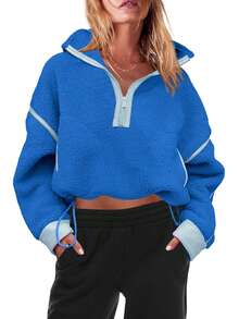 Women's Viral Sherpa Pullover Oversized Half Zip Sweatshirt | Cozy Y2K Winter Loungewear With Pocket Tumbler Fit - 藍色 - 查看 4