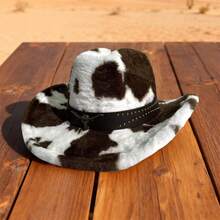 Women Men Cowgirl Hat, Cow Pattern Roll-Up Wide Brim Western Hat With Riveted Belt - Brown - View 3