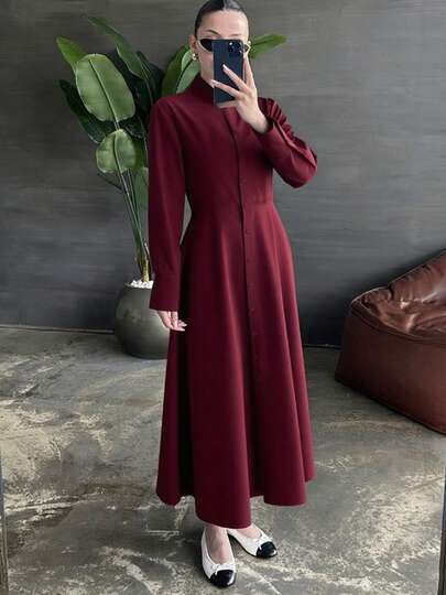 SuofeiMan Women's Simple Turndown Collar Single-Breasted Solid Color Maxi Dress, Casual Elegant Slimming Straight Long Sleeve Shirt Dress, Outerwear & Casual Daily Outfit