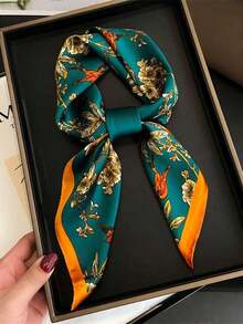 1pc Women's Luxury Floral Print Silk Satin Square Scarf, Fashion Versatile Headband And Bandana, Elegant Hair Scarf Or Shawl Wrap, Lightweight Neck Scarf For Tourism, Vacation, Daily Commuting, Leisure Outfits, And Chic Gift Accessories - 藍色 - 查看 5
