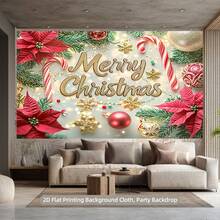 2D plano, 1 pieza, Tela de fondo de decoración navideña para el hogar, diseñada con bastones de paseo con reflectores y pancartas con patrón de flores rojas, muy adecuada para la fiesta de Navidad, decoración del festival, fondos de fotografía, sin electricidad requerida, fácil de colgar, tela de poliéster duradera, esencial para la decoración navideña