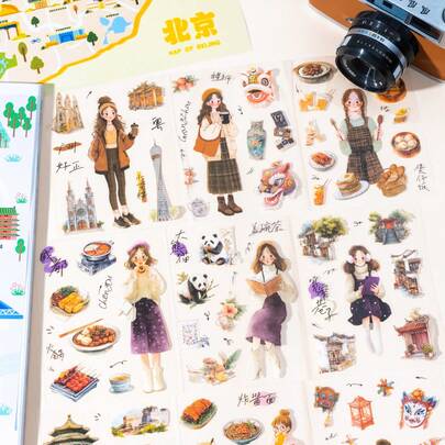 2 st/förpackning klistermärken med stadsreseguidetema, kreativa estetiska klistermärken, DIY-dekoration scrapbooking-hantverksmaterial, högtidsgåvor, personlig scrapbooking, skolmaterial scrapbooking-tillbehör brevpapper