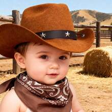 Babykostüm im Western-Cowboy-Stil - stilvoller brauner Ledercowboyhut + retrobedrucktes Lätzchen, süßer Kinderfotorequisit, unisex für Baby Jungen und -mädchen, Neugeborenen-Modeoutfit, -tauglich, Baby-Shower/Geburtstags-Geschenk, Baby-Fotorequisit