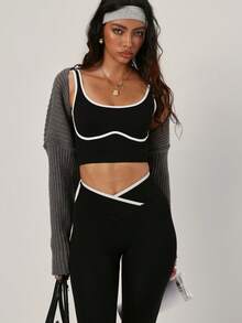 PinkTip 女士时尚露背弹力吊带背心和裤子运动套装，撞色二合一细肩带工字背心和裤子运动套装，瑜伽普拉提跑步训练休闲健身套装 - 黑色 - 查看 3