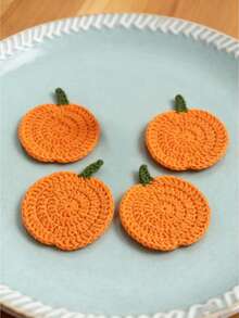 4 件套钩针南瓜杯垫、手工布艺饮料垫、秋季农舍装饰、感恩节餐桌配件、万圣节厨房礼物手工钩针万圣节南瓜杯垫、手工编织纱线、耐热杯垫、节日