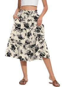 Women's High Waist Midi Skirts Summer Flowy Tiered Skirt With Pockets,Designed Women And Teenagers. - 白花黑 - 查看 9